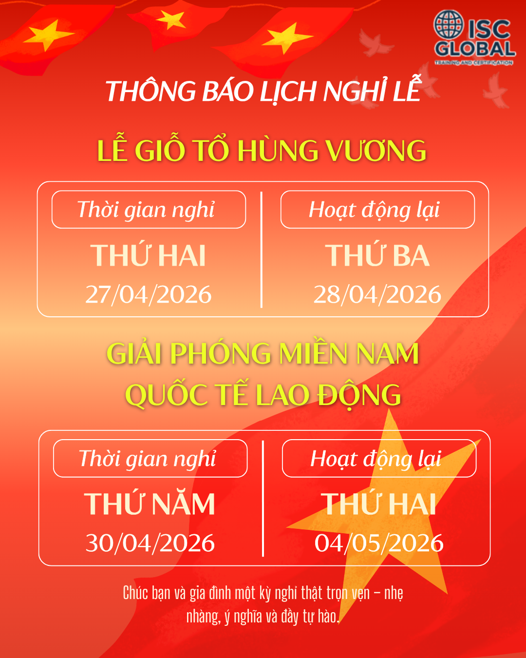 Thông báo lịch nghỉ lễ Giỗ Tổ Hùng Vương, Ngày Giải phóng miền Nam và Ngày Quốc tế Lao động