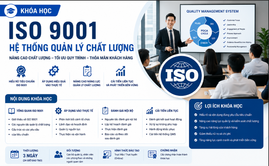 KHÓA HỌC ĐÀO TẠO NHẬN THỨC VÀ ĐÁNH GIÁ NỘI BỘI ISO 9001: HỆ THỐNG QUẢN LÝ CHẤT LƯỢNG