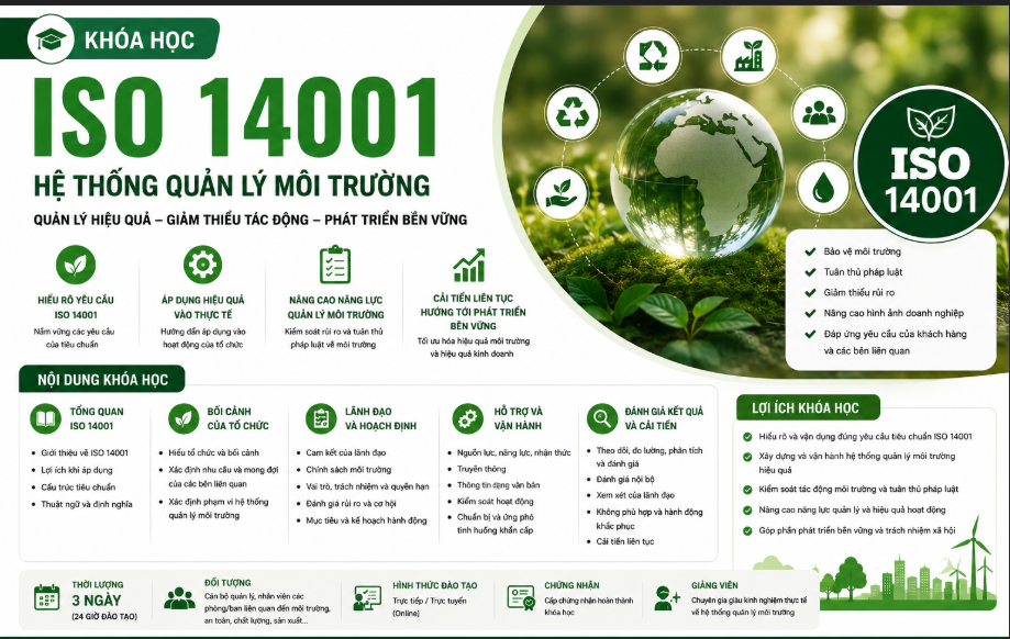 KHÓA HỌC NHẬN THỨC ÁP DỤNG VÀ ĐÁNH GIÁ VIÊN NỘI BỘ ISO 14001: HỆ THỐNG QUẢN LÝ MÔI TRƯỜNG