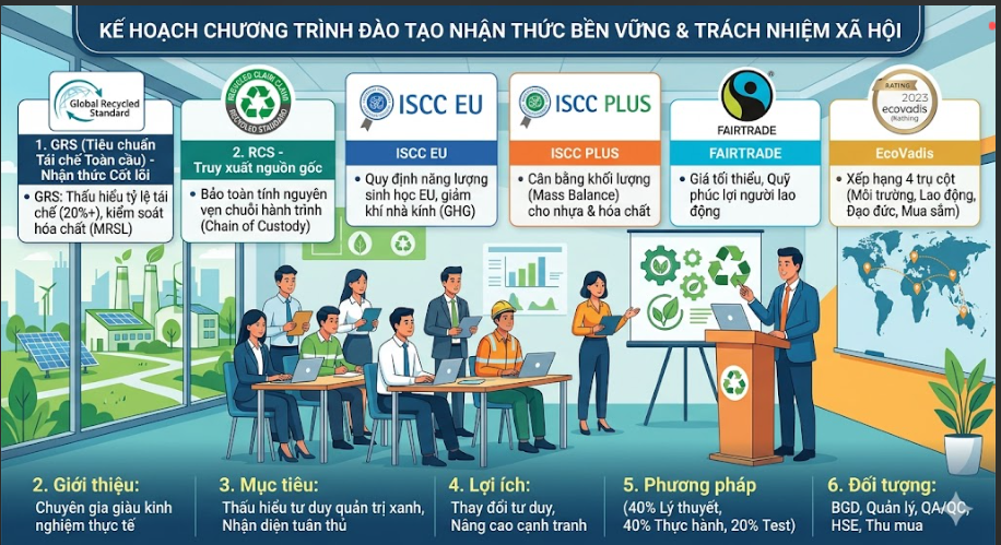 KẾ HOẠCH ĐÀO TẠO NHẬN THỨC CÁC TIÊU CHUẨN BỀN VỮNG & TRÁCH NHIỆM XÃ HỘI (GRS, RCS, ISCC EU, ISCC PLUS, FAIRTRADE, ECOVADIS) THÁNG 6-7