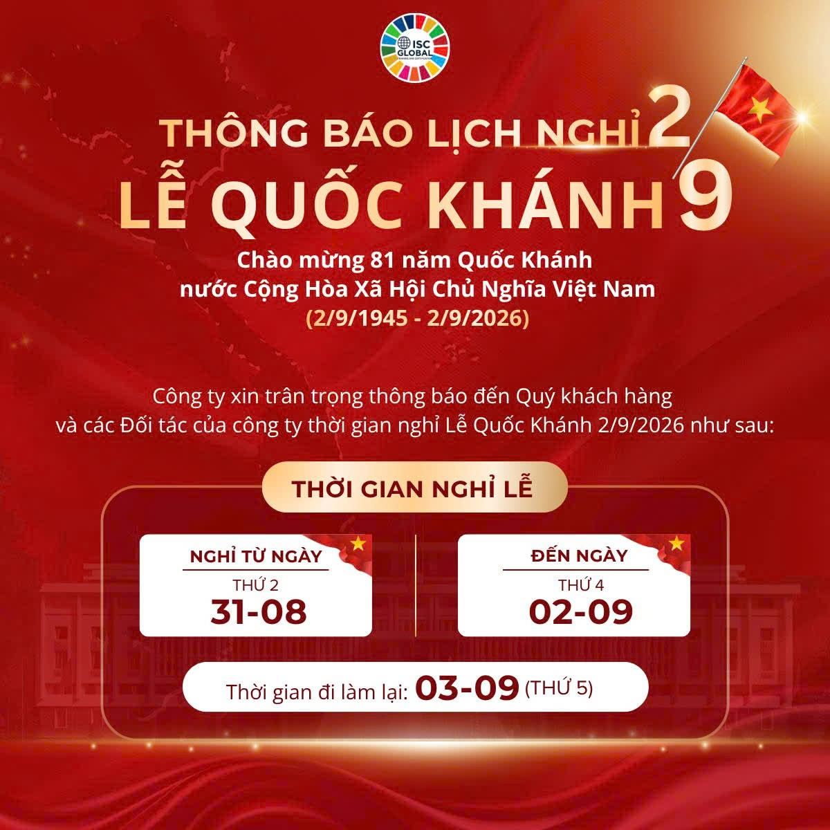 THÔNG BÁO NGHỈ LỄ QUỐC KHÁNH 2/9